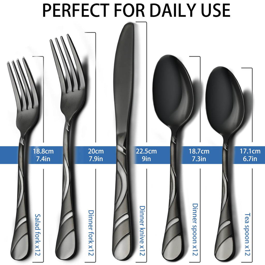 Black Silverware Set for 12, 60-Piece 18/0 Stainless Steel Utensils