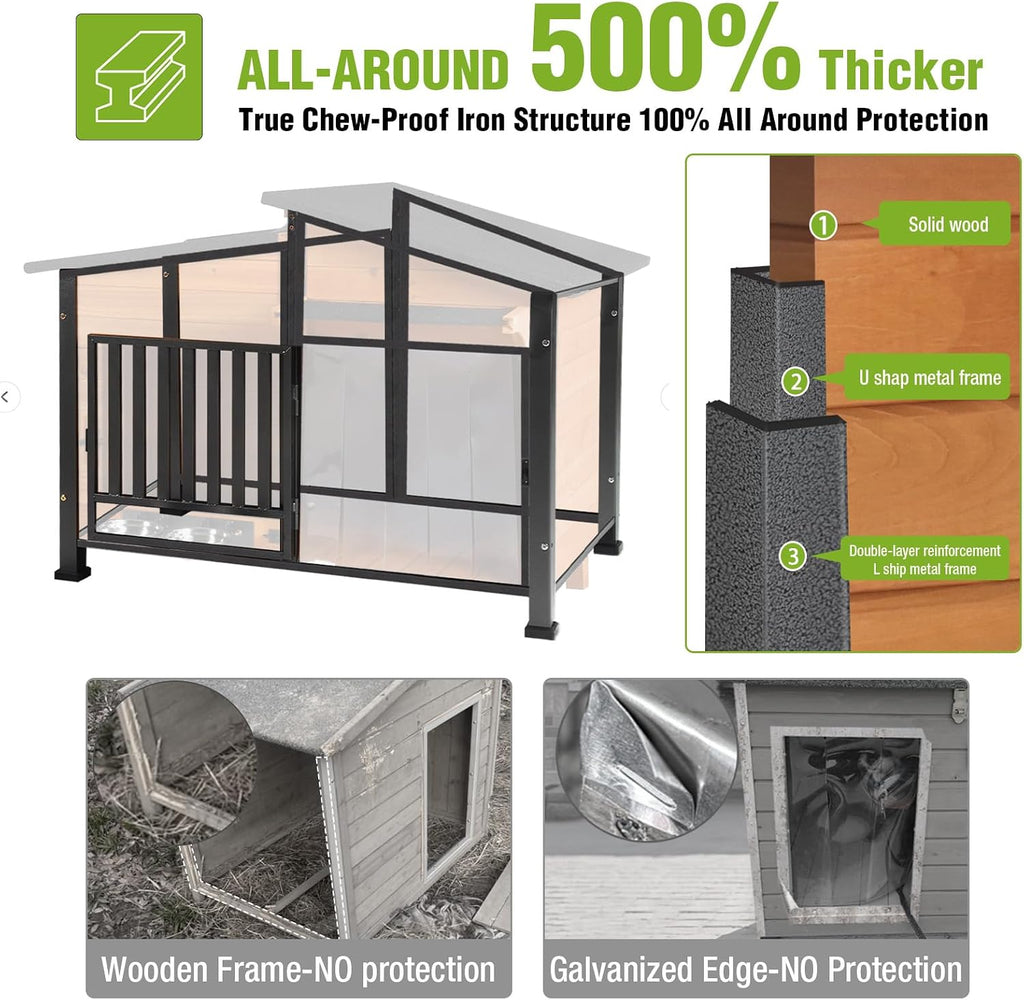 Dog House Outdoor Dog Kennel with Chew-Proof Metal Frame, Rotating Food Bowl, PVC Door Curtain, Weatherproof