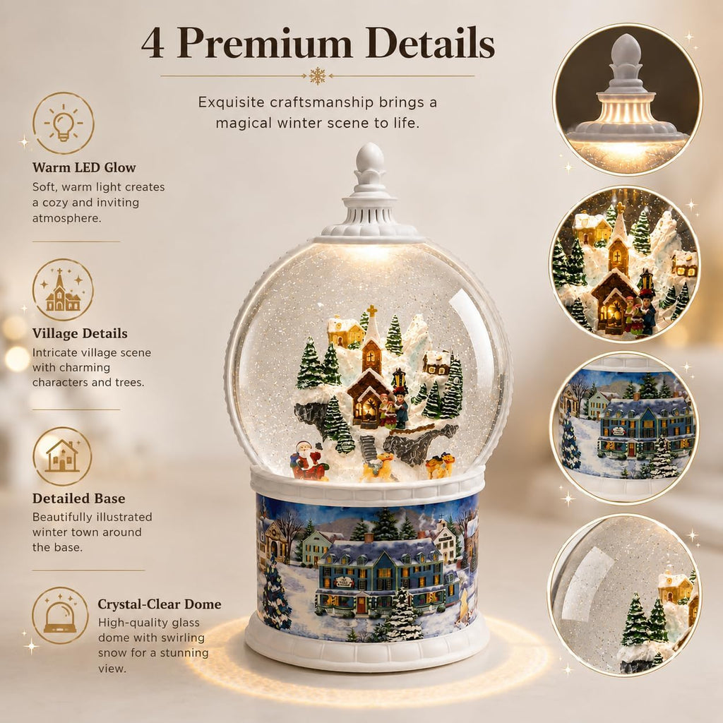 10.24" Large Christmas Snow Globe Lantern, Lighted Musical Winter Village with Swirling Glitter, Rotating Santa &