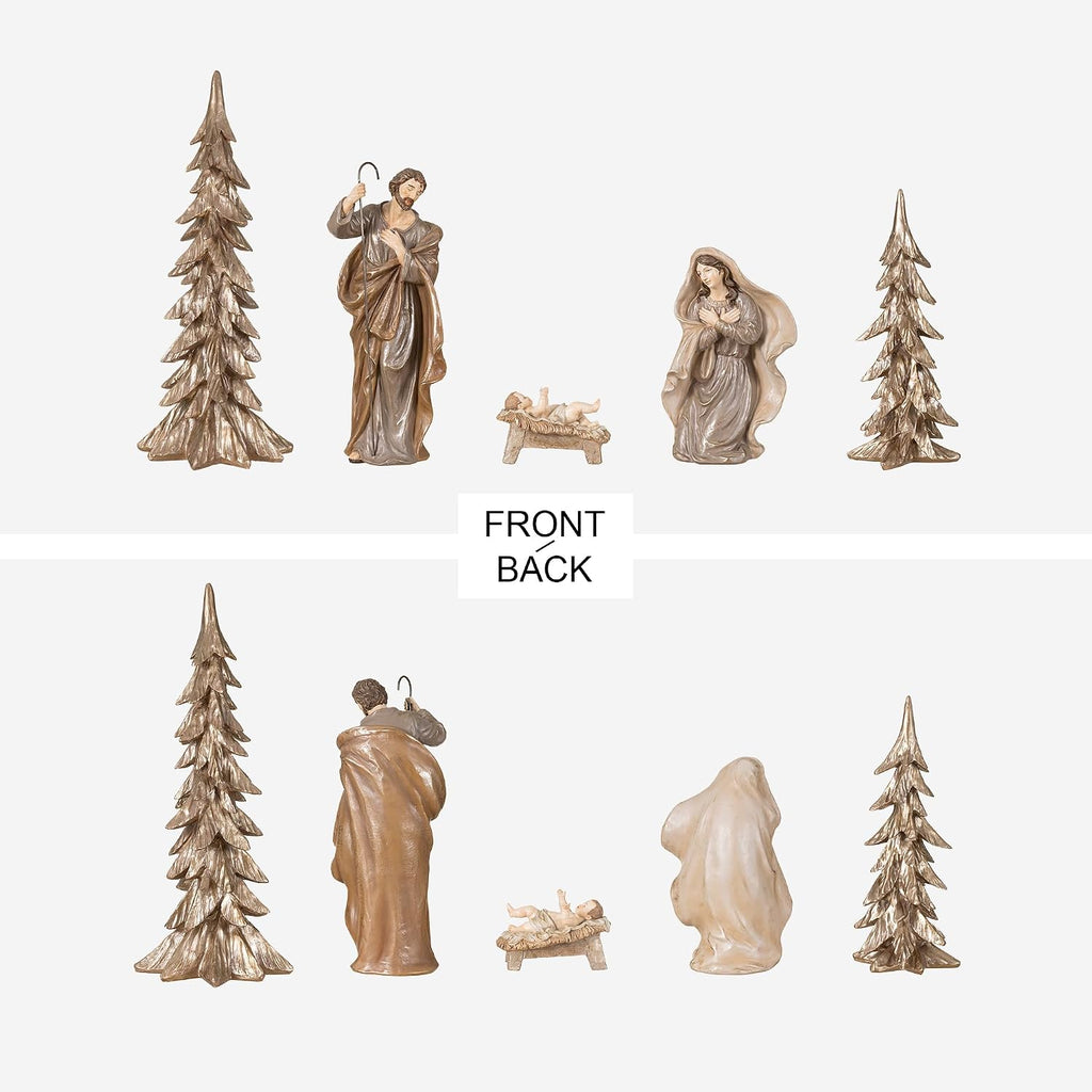 5-Piece Resin Nativity Set, Brown Resin Holy Family with Christmas Trees, Nativity Figurines Sets for Christmas