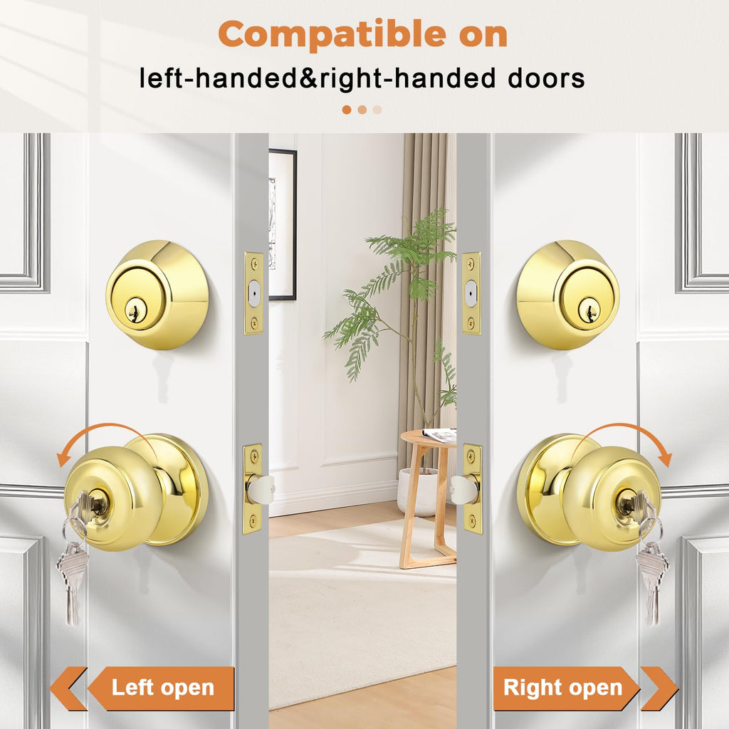 Polished Brass Entry Door Knob Lock Set and Single Cylinder Deadbolt Combination Set, Keyed Alike, 3 Pack