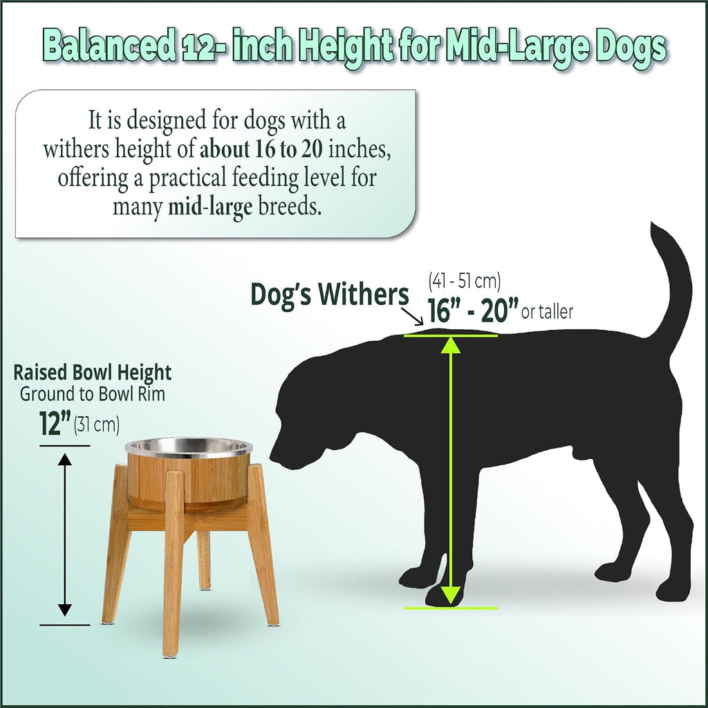 Elevated Dog Bowl for Mid-Large Dogs, 12-Inch Bamboo Stand, 64-oz