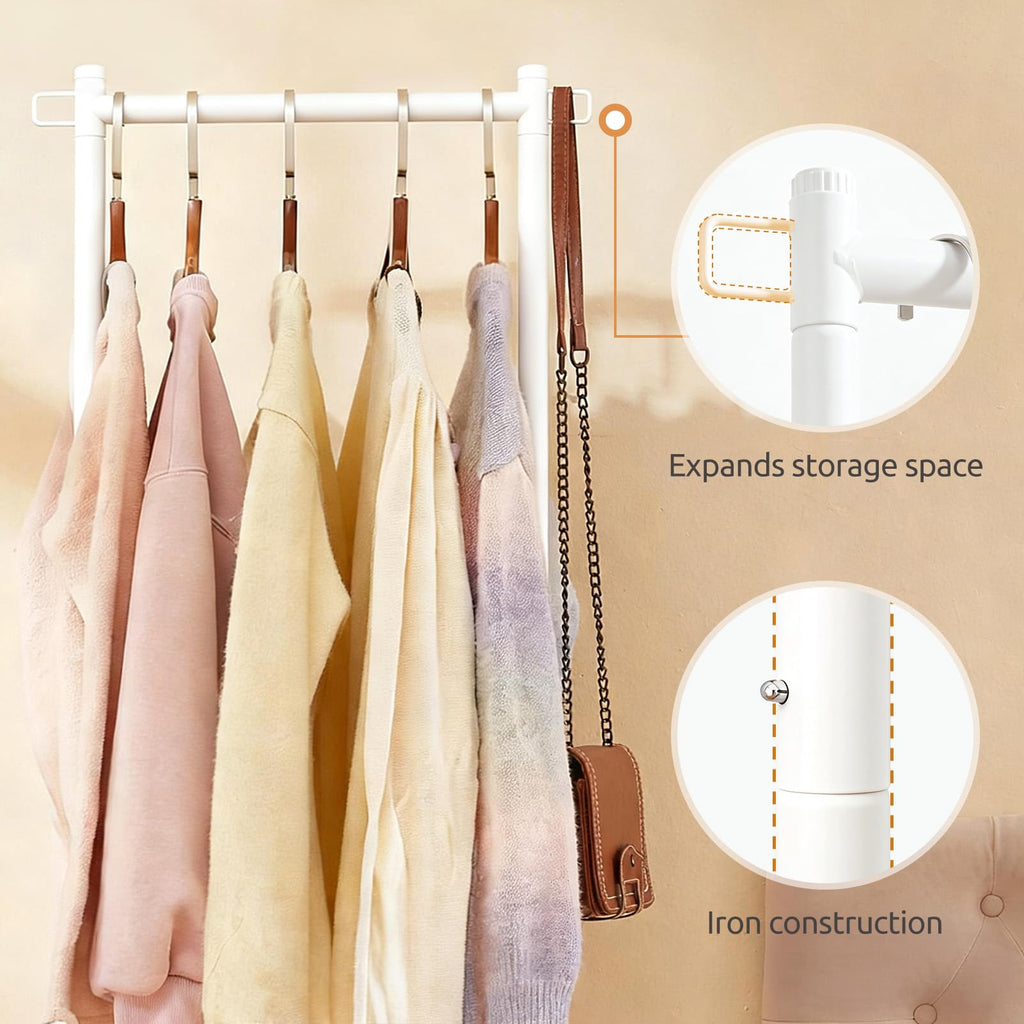 63-Inch White Clothes Rack with Shoe Shelf and Side Hooks