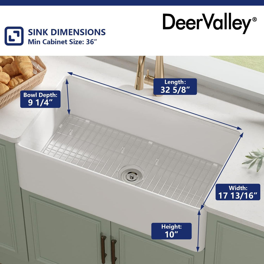 Farmhouse Kitchen Sink 33 Inch White Undermount Kitchen Sink | Apron-Front Large Deep Single Bowl with Bottom Grid &