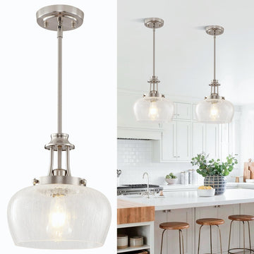 Pendant Lights Kitchen Island, Brushed Nickel Pendant Light Fixtures with 10" Clear Crack Glass Shade, Industrial