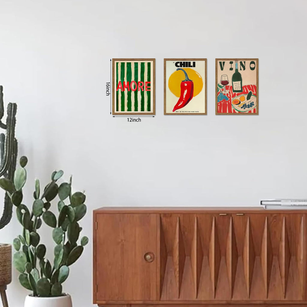 Framed Kitchen Wall Art Set of 3, Abstract Table Food Kitchen Wall Decor, Chilli Pictures Prints Artwork, Vintage