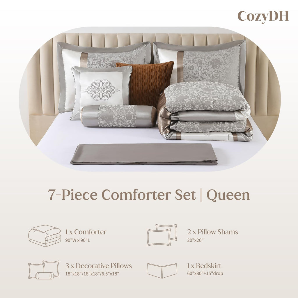 Silver Queen Comforter Set, Jacquard Bed in a Bag, Gray White Gold