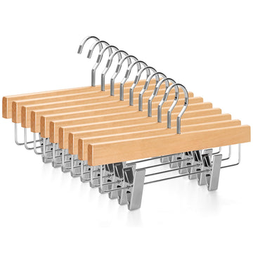 Pants Hangers, Luxury Natural Wooden Skirts Hangers with 2 Big Premium Metal Clips and 360° Swivel Anti-Rust Flat