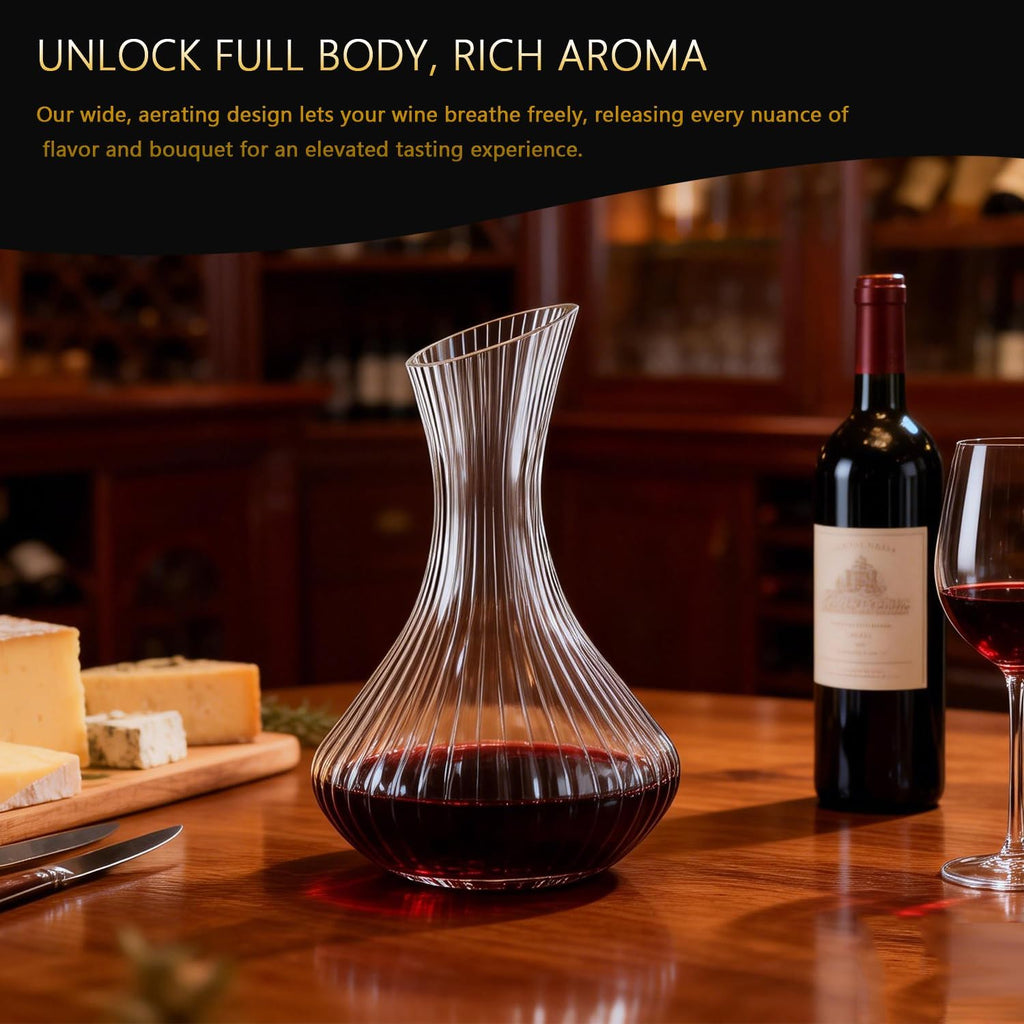 Wine Decanter with Aerator, Ribbed Crystal Glass Red Wine Carafe Decanter, Wine Accessories, Hand-Blown Lead-Free
