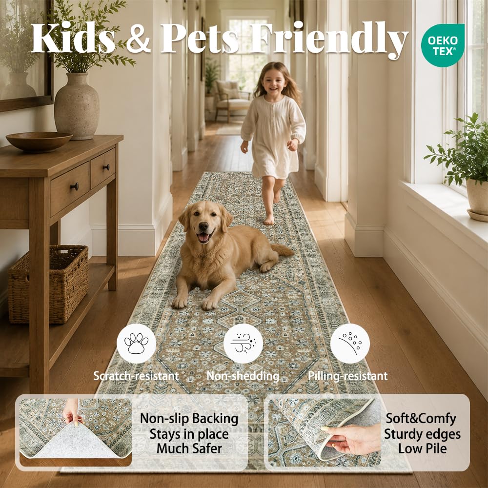 2'x8' Beige Brown Runner Rug, Washable Carpet