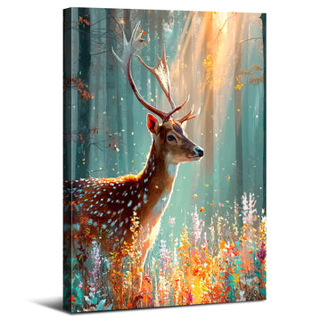 Fall Flower Wall Art Deer Wall Decor Autumn Forest Landscape Painting Wildlife Animal Canvas Prints Watercolor