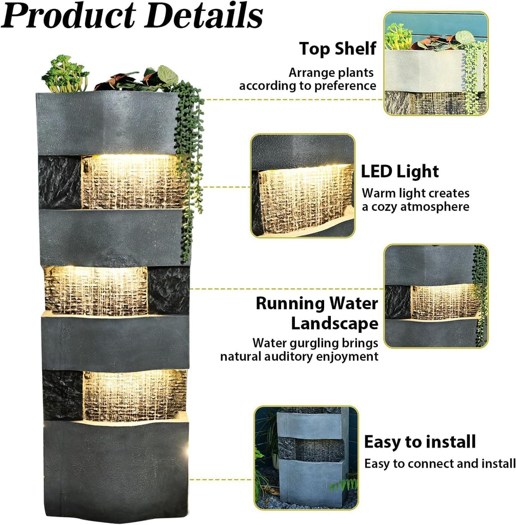 40.5" H Modern Outdoor Water Fountain with LED Lights - Tall Garden Waterfall Fountain