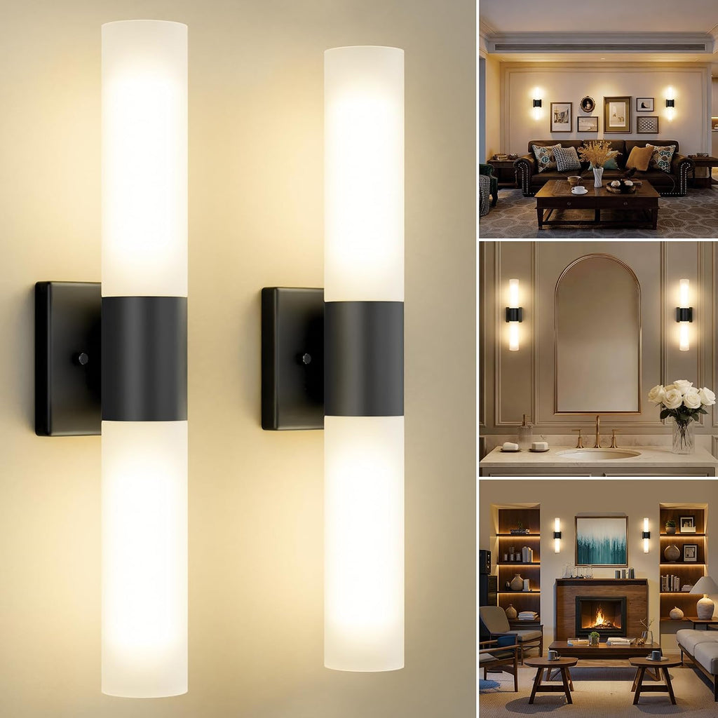 Wall Sconces Set of Two, Modern 21" Vanity, Frosted Glass, Black | Indoor Wall Light Fixture. , Mirror, Bedroom