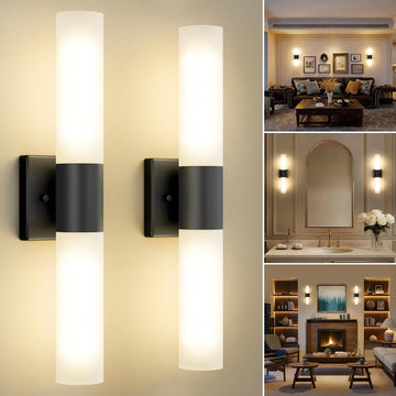 Wall Sconces Set of Two, Modern 21" Vanity, Frosted Glass, Black | Indoor Wall Light Fixture. , Mirror, Bedroom