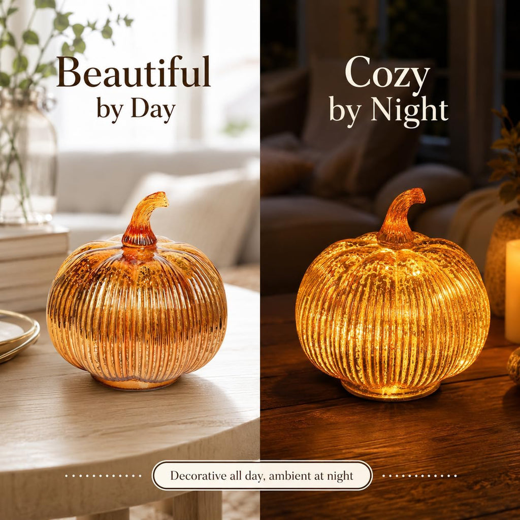 Gold Mercury Glass Pumpkin Light with 2 Lighting Modes and 6-Hour Timer, 5.5 x 6 Inch Battery Operated Fall Decor