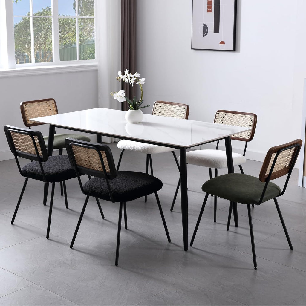 Rattan Dining Chairs Set of 2, PU Leather Upholstered Dining Chairs with Cane Back and Metal Legs for Dining Room or Living Room, Green