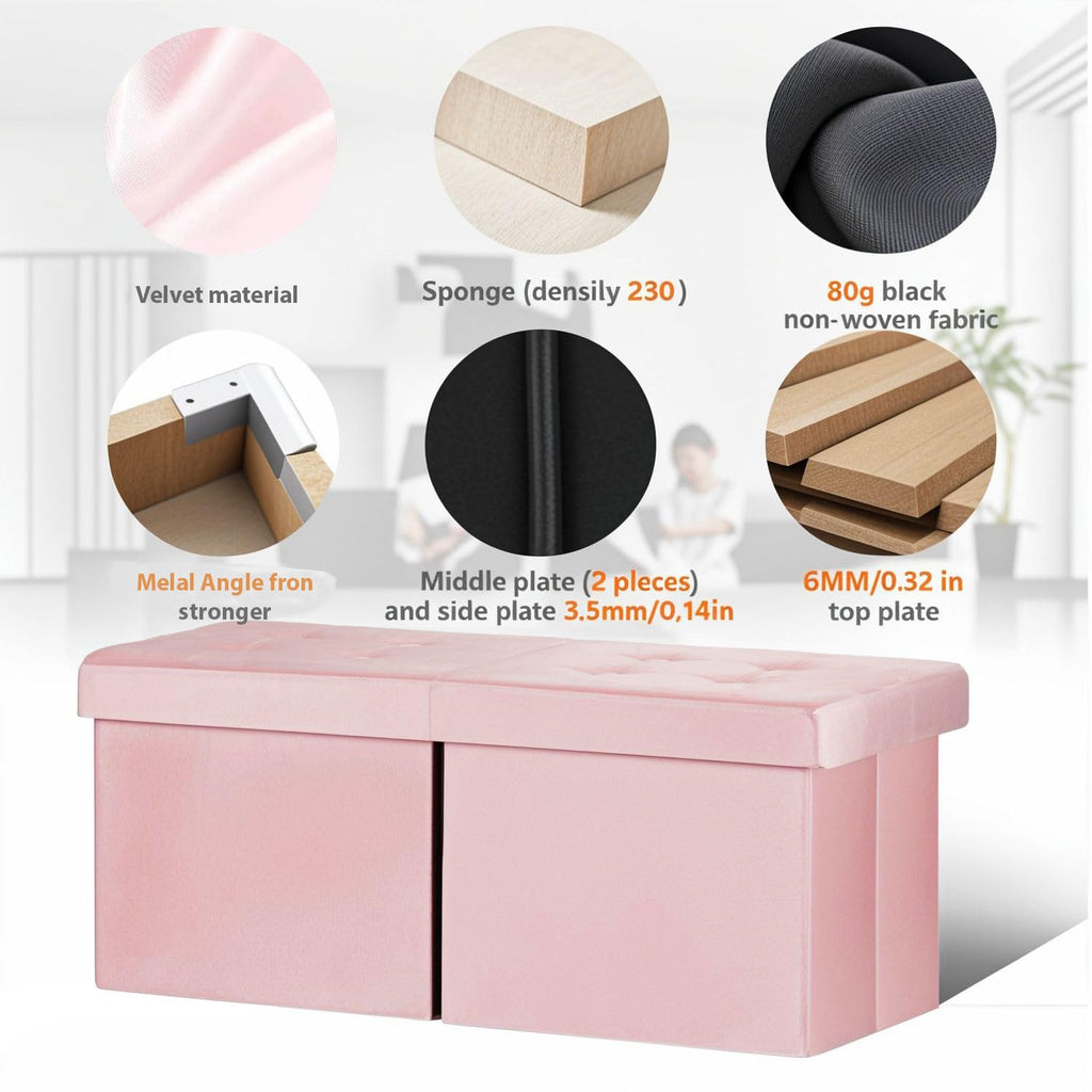 Footrest Ottoman Storage Bench, 34" Velvet Folding Chest, Pink