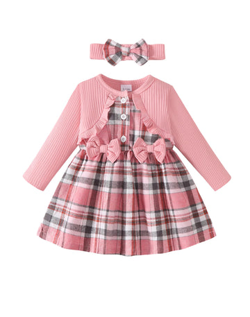 Toddler Girl Pink Plaid Dress Button Front Fall Outfit Set