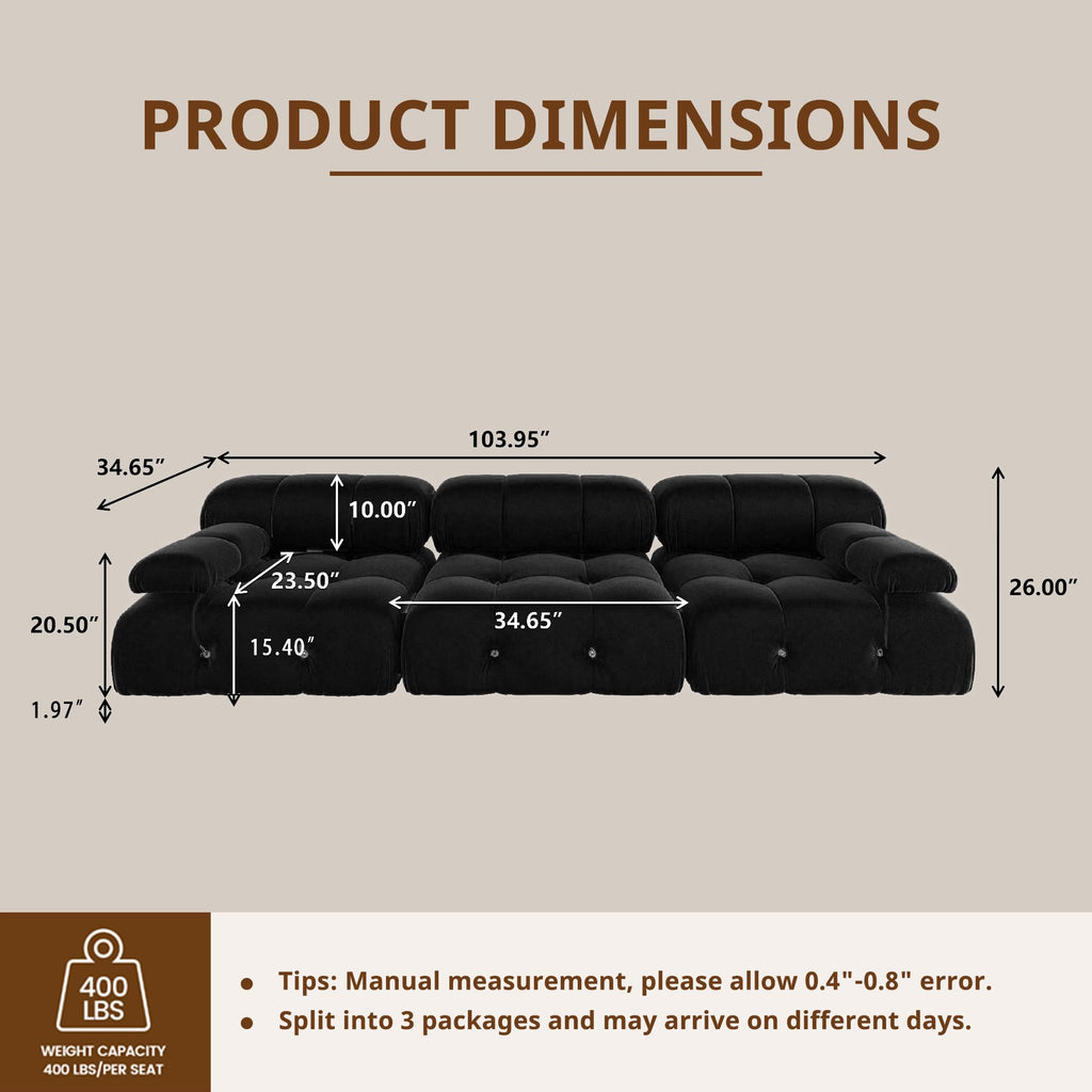 Convertible Modular Sectional Sofa, Modern Velvet Straight 3-Seater Couch (104 in/Black)