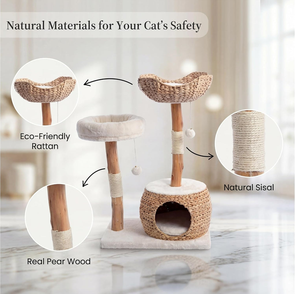 Modern Cat Tree Tower with Cave, Real Wood Cat Scratching Post with Bed for Indoor Cats Large Adult, Solid Wooden
