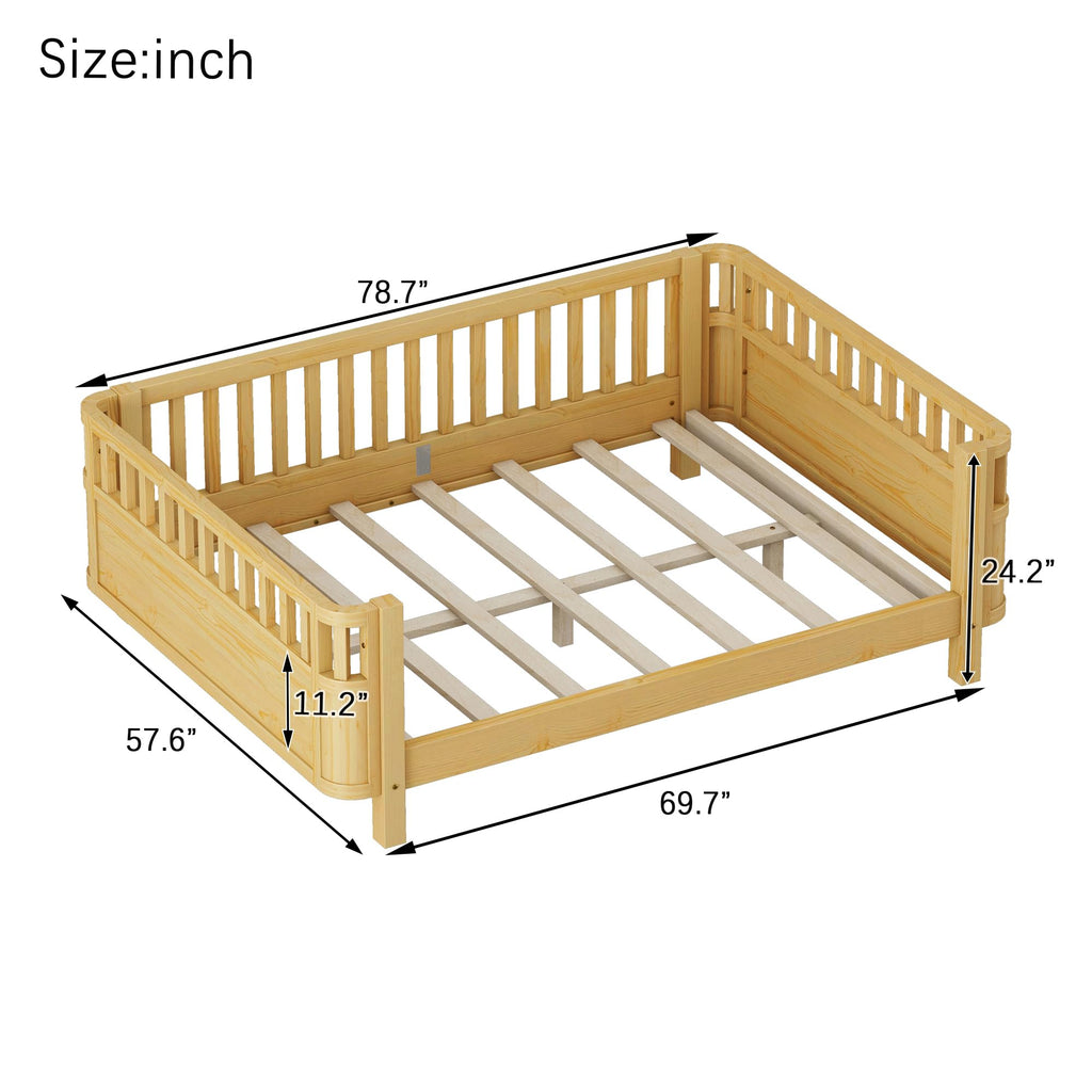 Full Size Wood Floor Bed, Montessori Platform Daybed Frame with Safety Rails & Low Profile, Space Saving U-Shaped