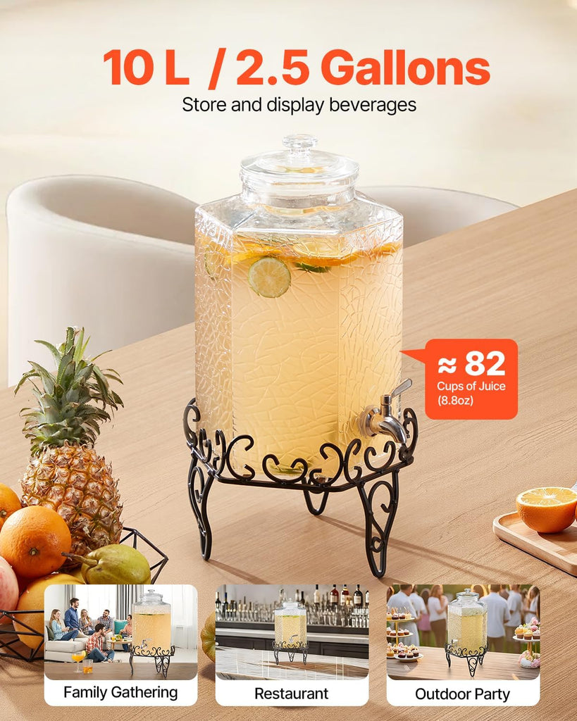 Beverage Dispenser, 2.5 Gallon Drink Dispensers for Parties, Glass Juice Dispenser with Metal Stand, Stainless Steel
