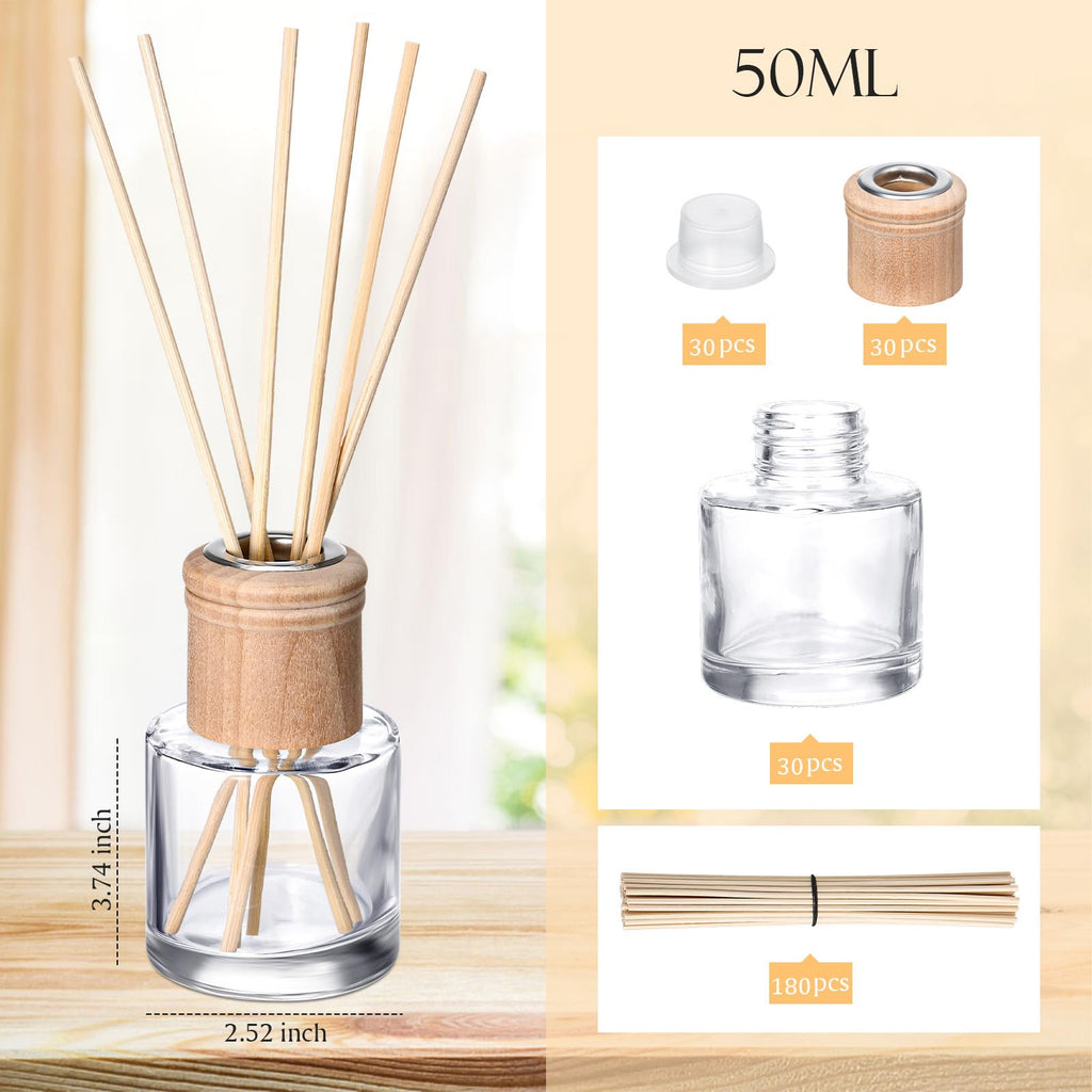 30 Set Reed Diffuser Bottle Empty Refillable Fragrance Glass Diffuser Bottles Set with Wooden Caps Sticks 50ml 1.7 oz