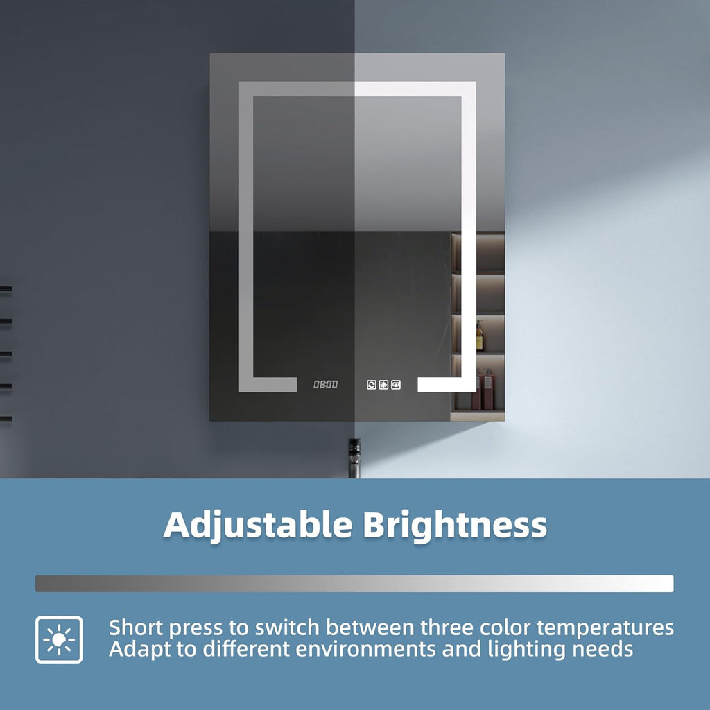 LED Medicine Cabinet 24x30 Anti-Fog Mirror Dimmable Recessed Mount | 3 Color Dimmable LED. Time Temp Display.