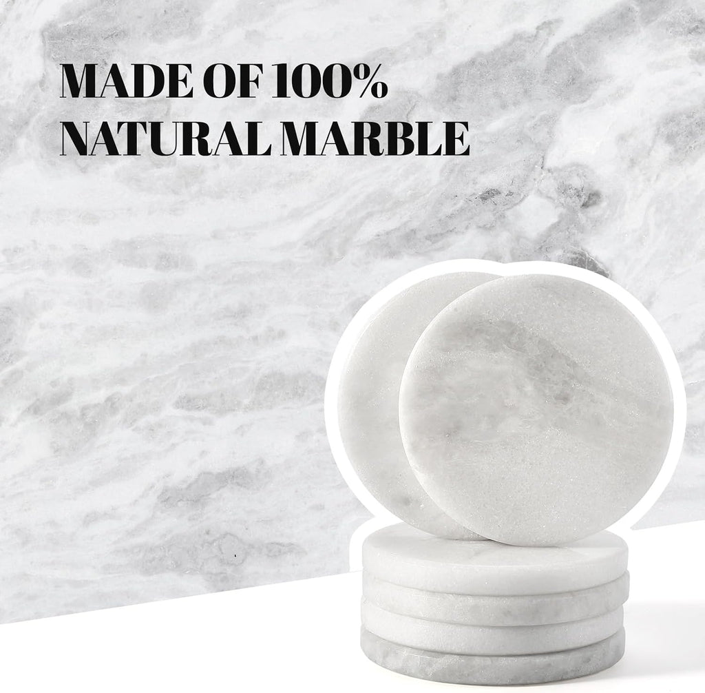 White Marble Coasters for Coffee Table, 3.9" Inches Handmade Round Coaster, Luxury Aesthetic Modern Drink - Set of 6