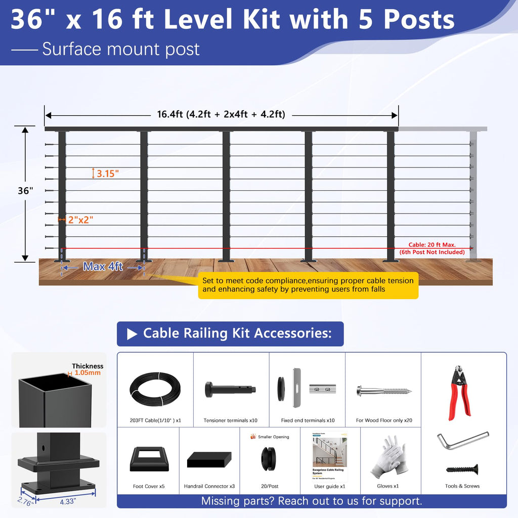 12-16ft Modular 36" Swageless Cable Railing System with Handrail