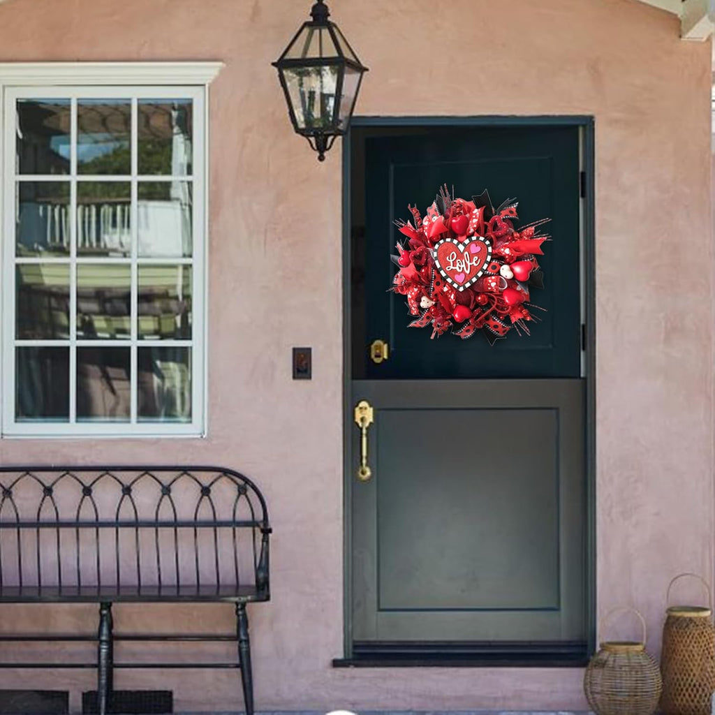18 Inch Valentines Mesh Wreath for Front Door Artificial Red Rose Heart Valentines Day Decoration Wreath with Love