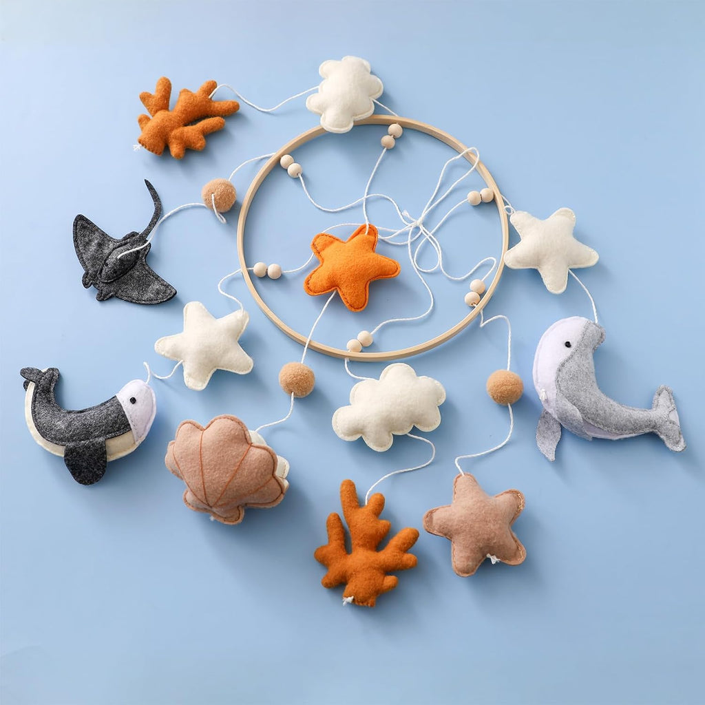 Ocean Life Baby Crib Mobile - Boho Felt Nursery Decor for Boys & Girls, Under the Sea Theme with Seahorse, Whale