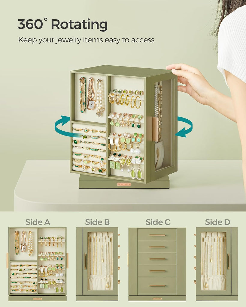 Jewelry Box Organizer, 360° Rotating, 5 Drawers, Laurel Green