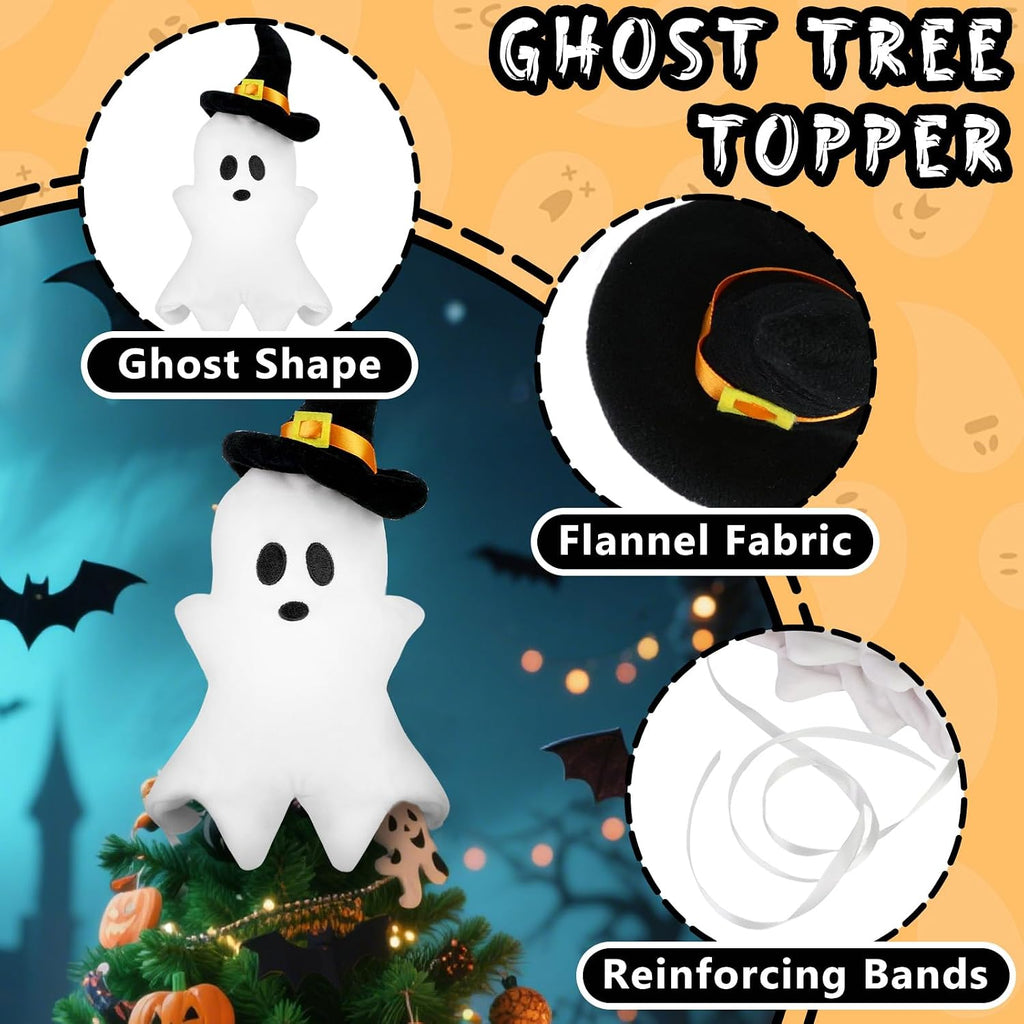 11.8'' White Ghost Plush Halloween Tree Topper with Witch Hat
