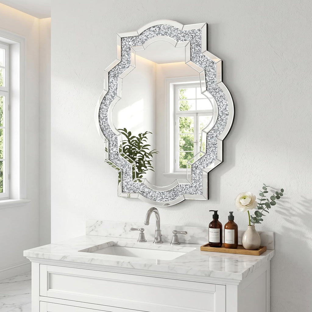27.5" x 35.4" Ornate Crushed Diamond Wall Mirror, Silver Decorative Mirror, Modern Glam Wall Mounted Mirror Home Decor