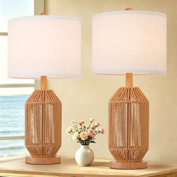 21" Boho Rattan Table Lamps Set of 2, Farmhouse Bedside Nightstand Lamps, End Table, Retro, Brown (Not Include Bulbs)