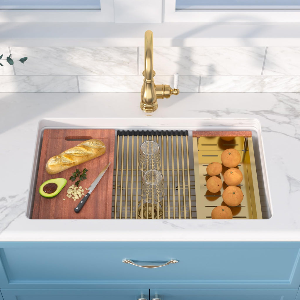 33 Inch White Undermount Sink Workstation - 33 x 19 Inch White Kitchen Sink Drop In Single Bowl Ledge Workstaion