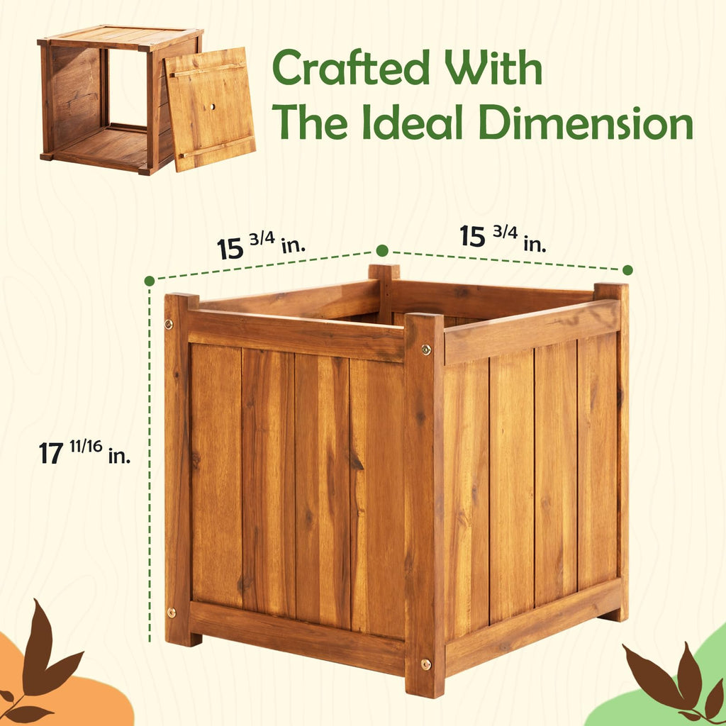 Hardwood Outdoor Flower Box, Durable Acacia Wood Flower Boxes for Outdoor Plants with Ergonomic Handles, Drainage