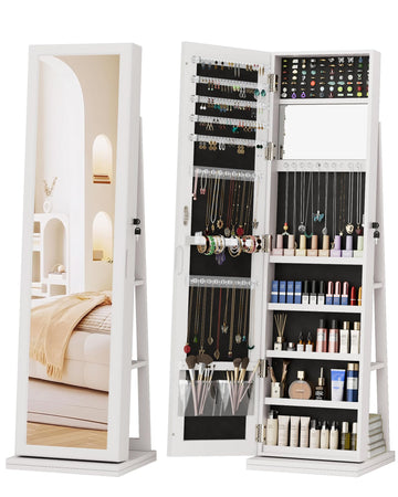 360° Swivel Jewelry Cabinet with Full-Length Mirror, Lockable, White