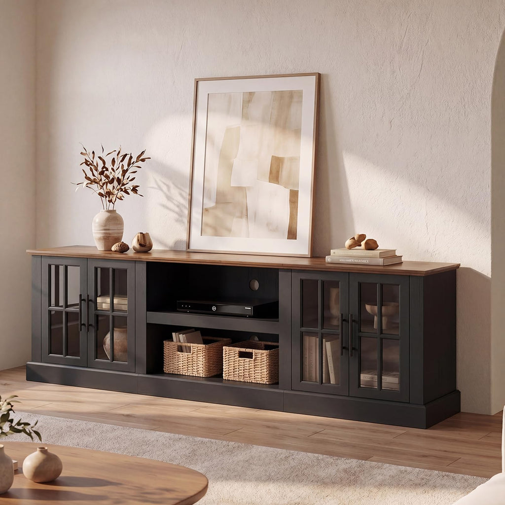 90" Farmhouse TV Stand for TVs up to 100", Media Entertainment Center with Adjustable Shelves and Large Storage