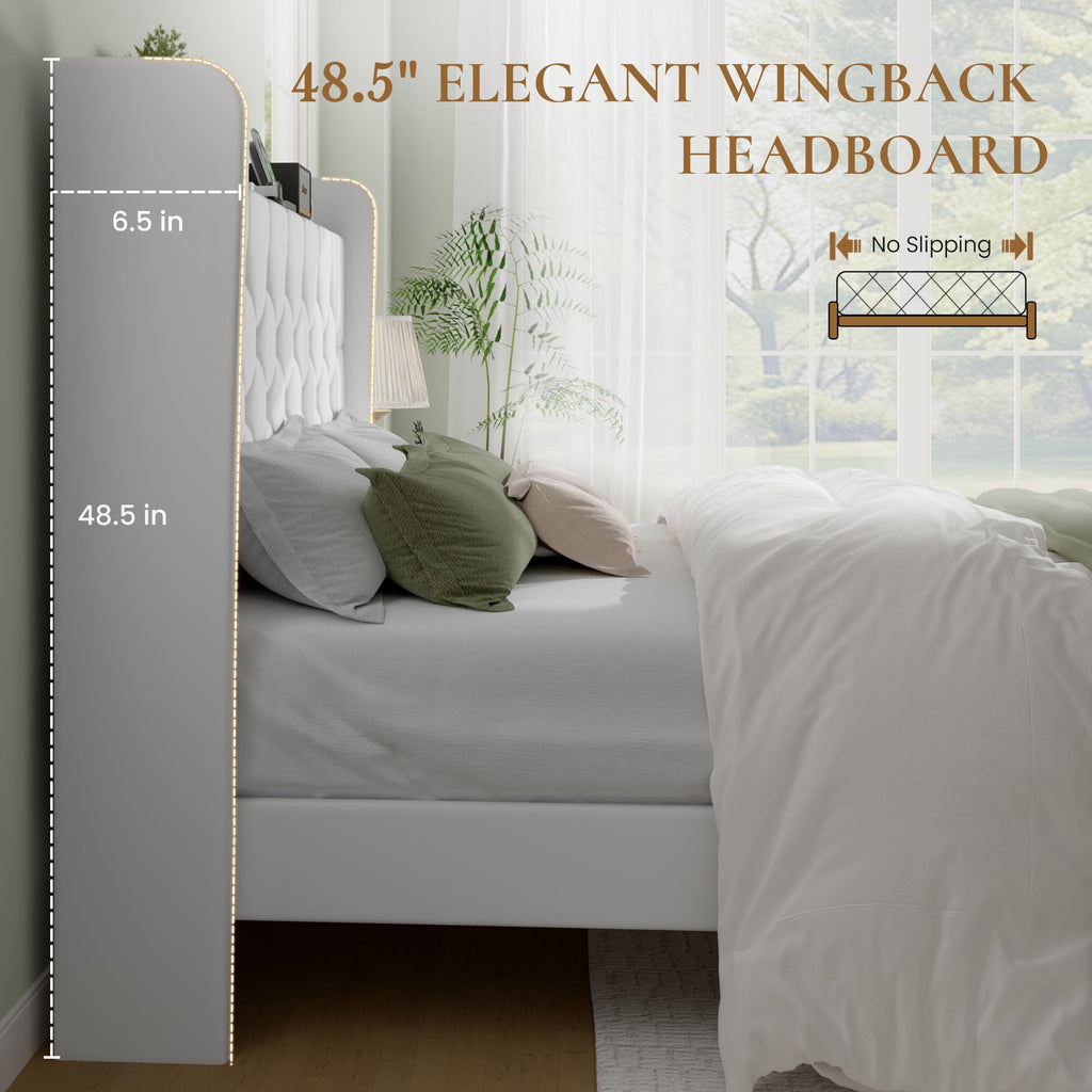 King Size Platform Bed Frame with Charging Station, Velvet Wingback Headboard with Storage Shelf, Wooden Slats