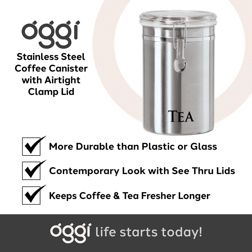 Stainless Steel Tea Canister 62 fl oz - Airtight Clamp Lid, Clear See-Thru Top - Ideal for Tea Bag, Loose Tea