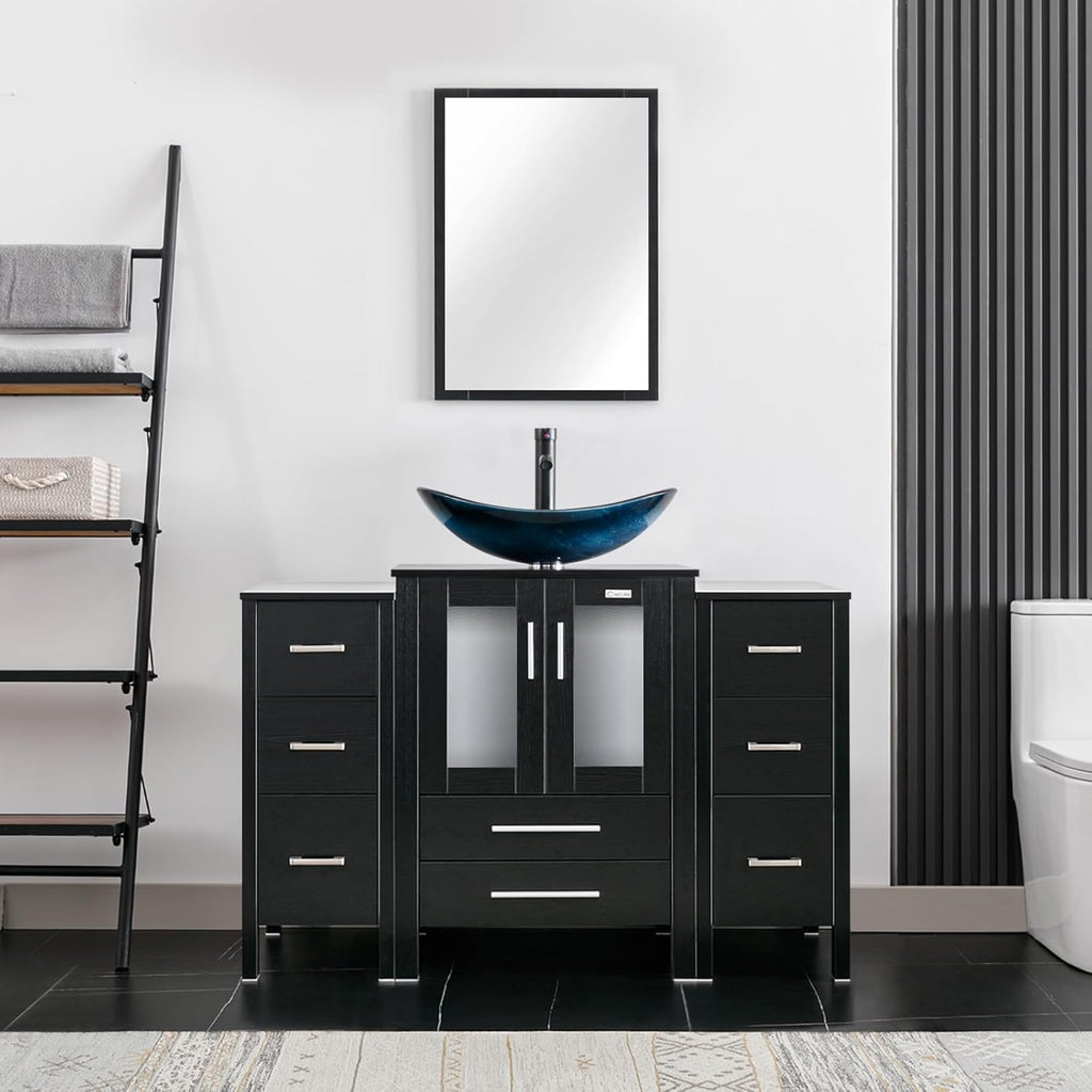 48" Modern Bathroom Vanity Sink Combo Freestanding Cabinet with Small Side Cabinet, Blue Boat Glass Vessel Sink