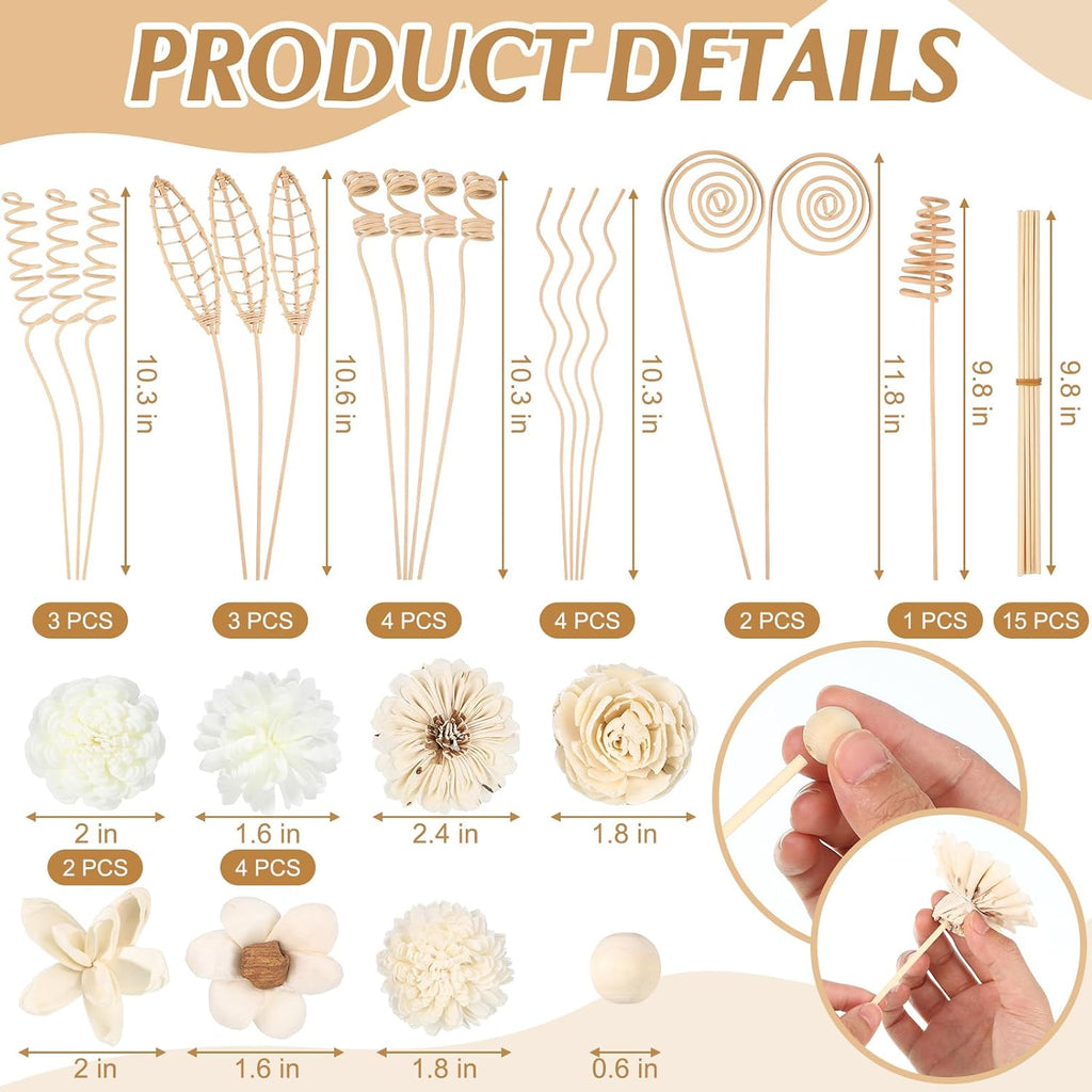 Reed Diffuser Sticks Set Include Natural Rattan Wood Beads, 11 Style Fragrance Diffuser, Rattan Reed - Set of 32