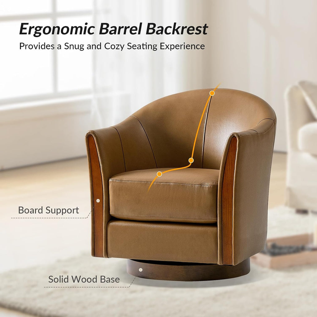 Leather Swivel Accent Chairs with Wood Base, Camel - Set of 2