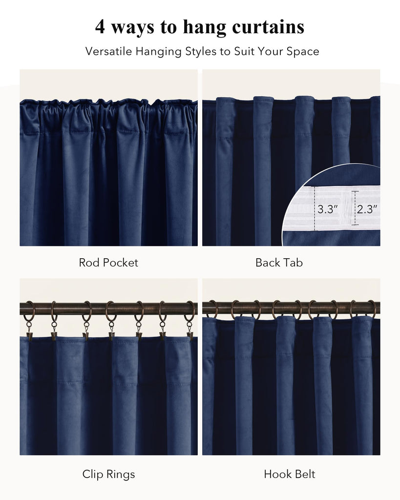 Navy Blue Velvet Blackout Curtains, W52xL120, 2 Pcs