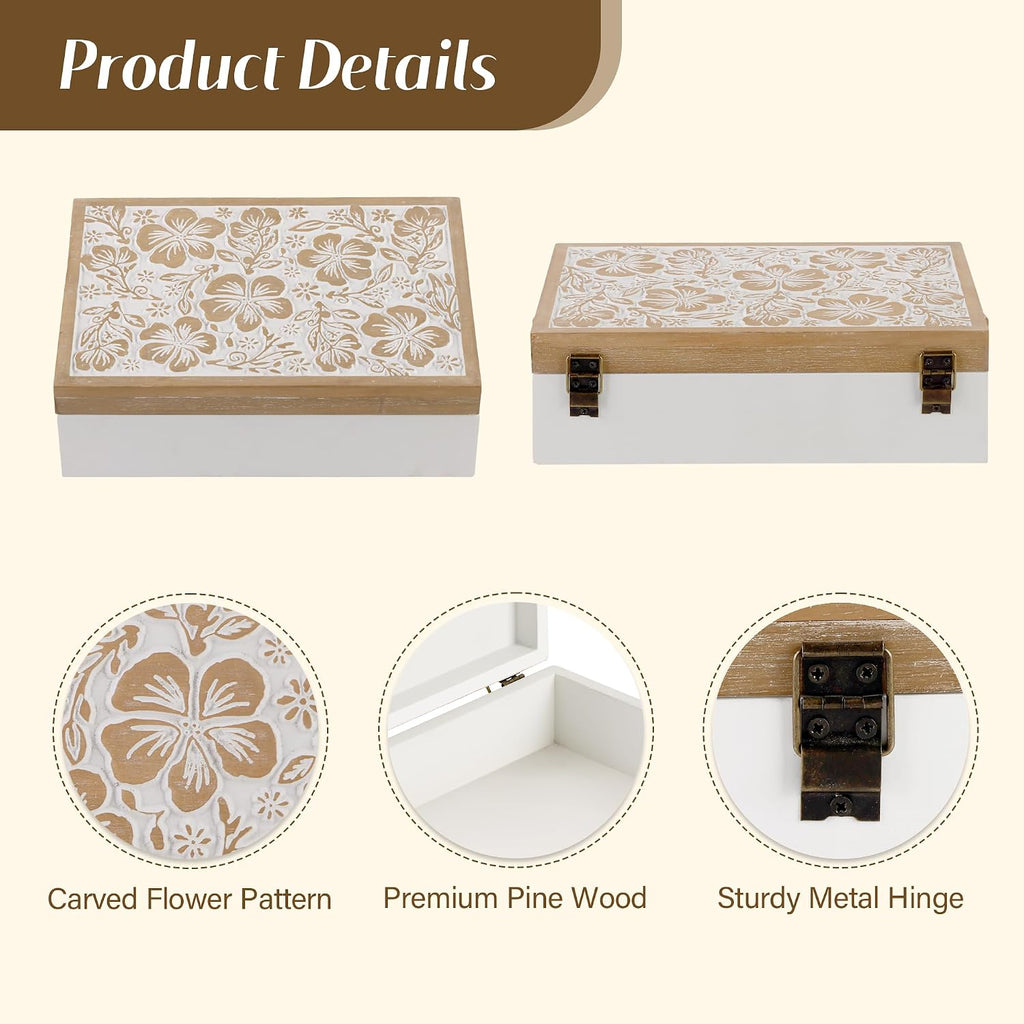 Wooden Keepsake Box - Decorative Floral Wood Boxes with Hinged Lid, Flower Engraved Design, 10.24" W