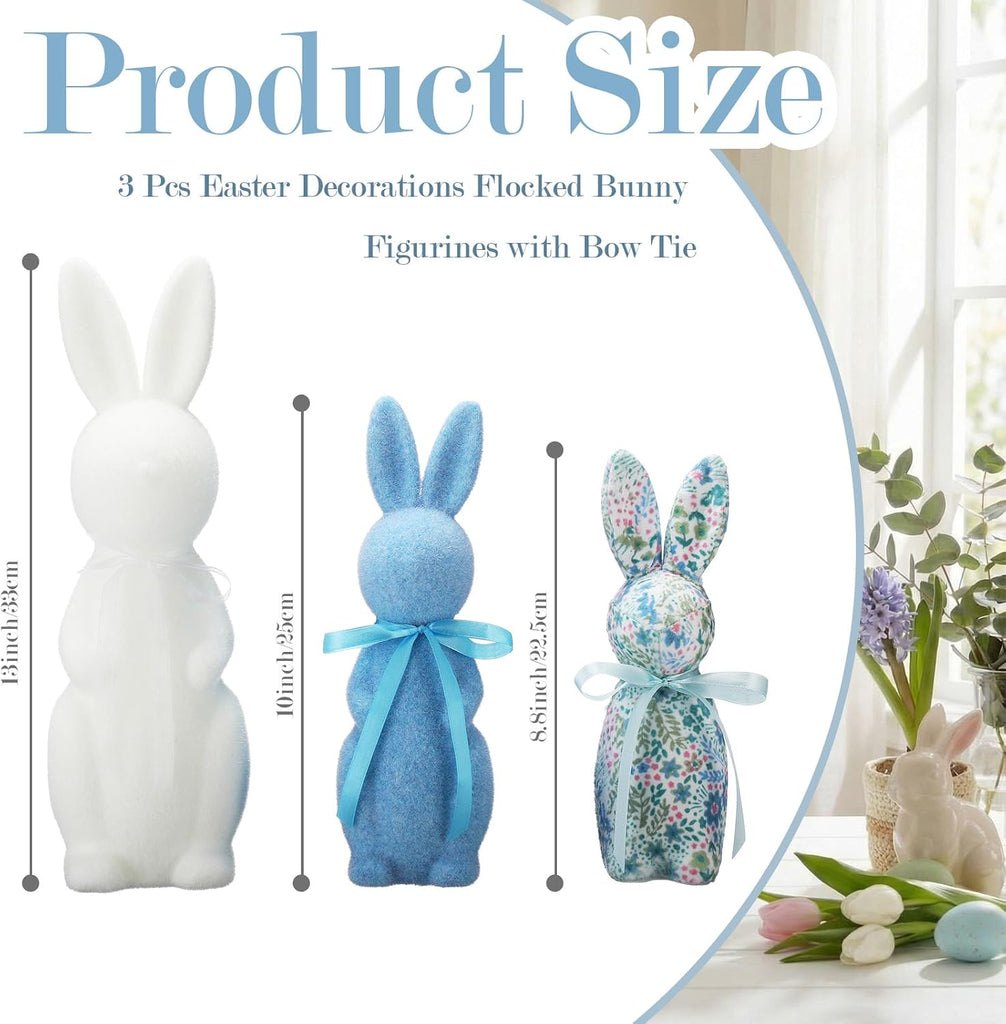 Flocked Bunny Easter Decorations 9/10/13 Inch Flocked Bunny Figurines with Bow Tie Spring Easter Tabletop - Set of 3