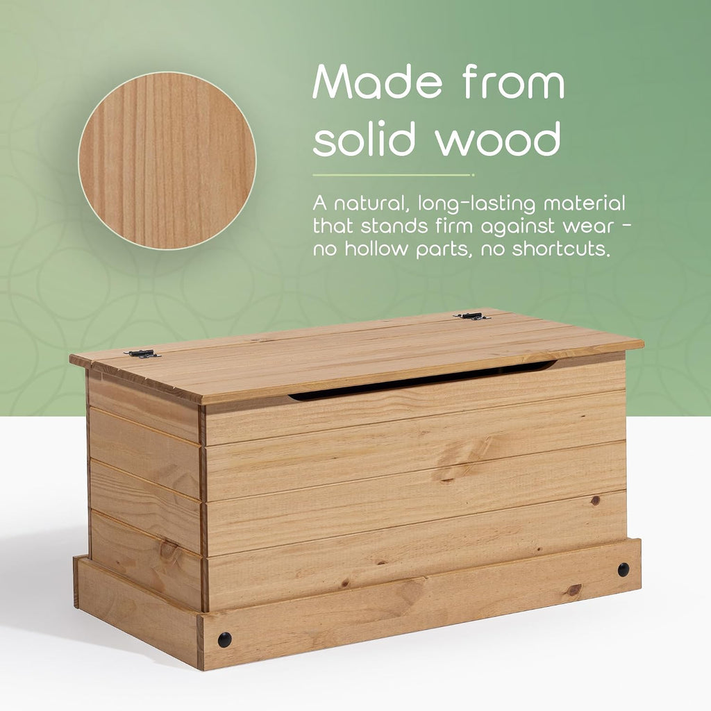 Corona Storage Chest with Lid - Natural Wood Trunk , or Living Room - Safe-Stay Hinged Top for Easy Access