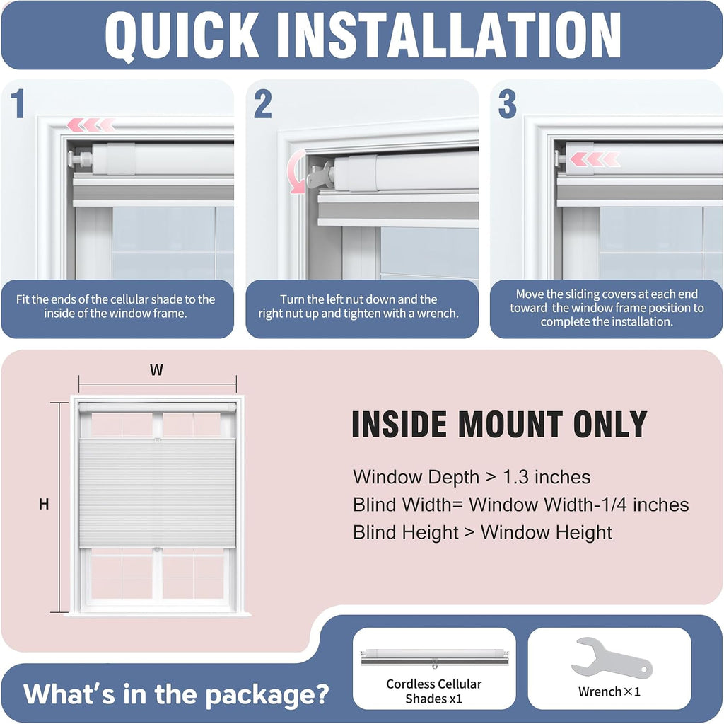 No Drill Top Down Bottom Up Cellular Shades Cordless, No Tool Pull Down Blackout Honeycomb Shades, Room Darkening